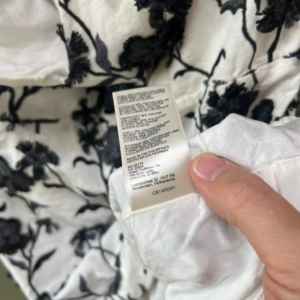 Anthropologie‎ Black White Floral Embroidered Linen Puff Sleeve Top US 14